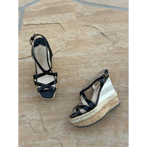 Prada Patent Leather Wedge Heels Sandals Beige Slingback Womens Size 38 Womens 8 - Picture 1 of 7